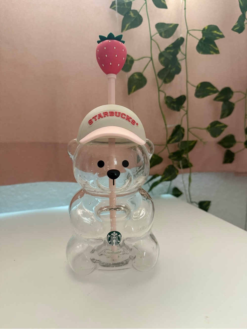 Starbucks Clear Bear Bottle with Pink Strawberry Straw